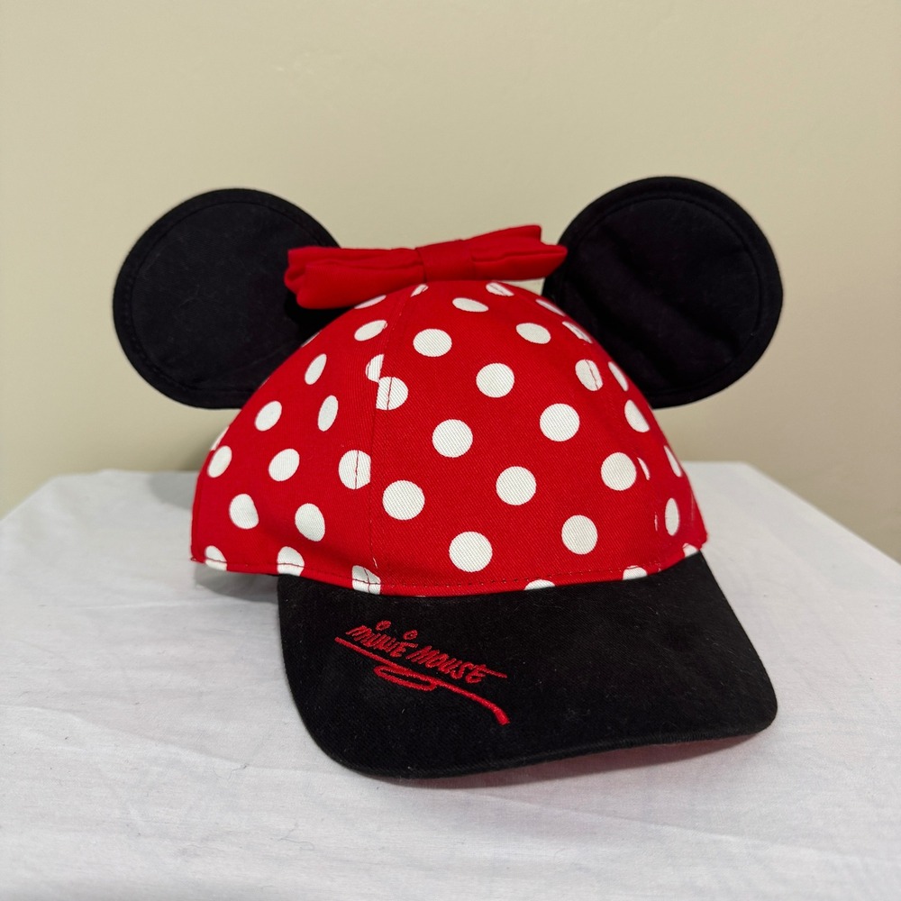 Disney Parks Minnie Mouse‎ Polka Dot Snapback Hat Youth Red White Ears Bow Cap